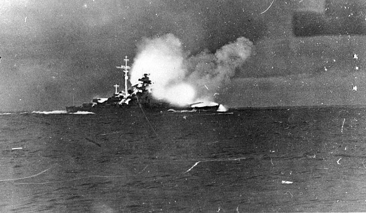 Bismarck firing on HMS Hood and HMS Prince of Wales during the Battle of Denmark Strait 24MAY41 photographed from Prinz Eugen